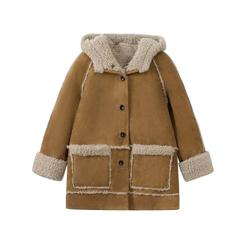 Autumn Winter Women Lambs Wool Thicken Warm Jacket Outer Hooded Long Sleeve Mid-long Vintage Plush Lady Coat Korean Style