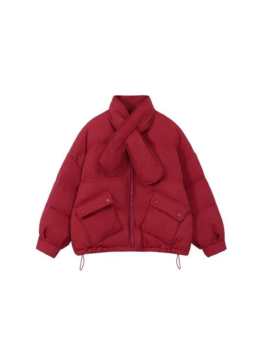 Autumn Winter Women New Solid Color Stand Neck Warm Cotton Padded Coat Baggy Long Sleeve Drawstring Thick Lady Down Jacket