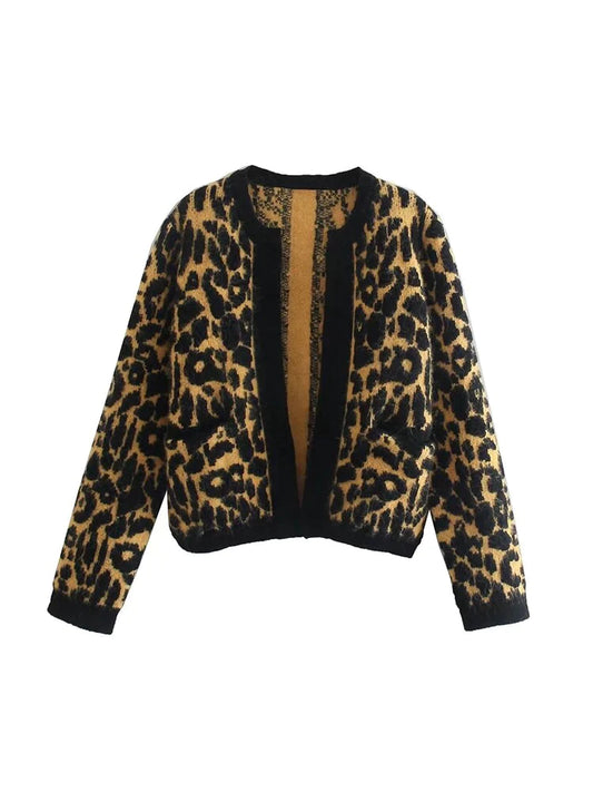 Women's Fall New Casual Fashion Chic Animal Print Jacquard Knit Jacket Vintage Crew Neck Long Sleeve Cardigan Loose Top