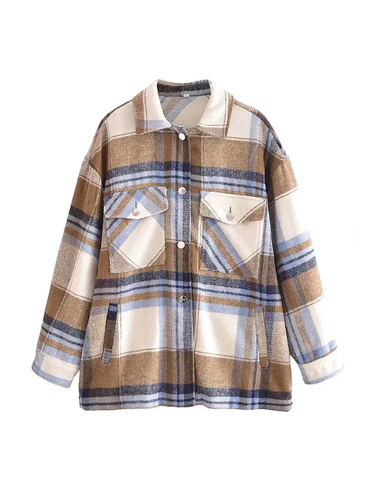 Women's Fall New Casual Fashion Chic Plaid Long Shirt Jacket Vintage Lapel Single Breasted Pocket Loose Top