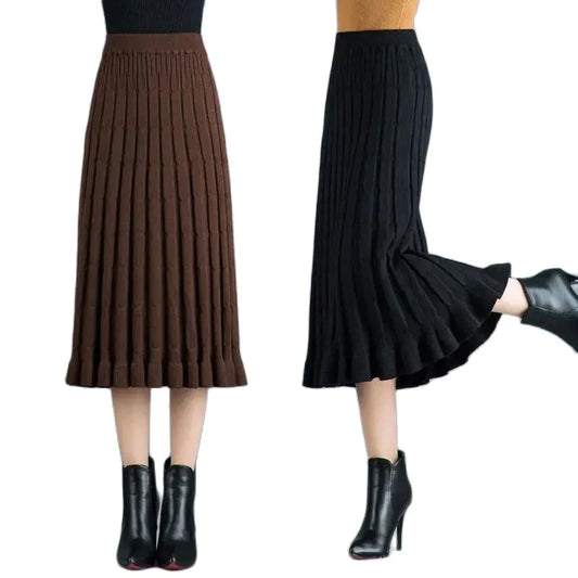 Knitted Pleated Skirt Mid-Length Winter Skirt Female Autumn Winter Long Skirt Thick Woolen Skirt High Waist A-Line Skirt
