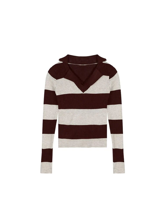 Women Vintage Contrast Color Classic Striped Autumn Winter Knitwear Tops Turn-down Collar Long Sleeve Knit Pullover Sweater