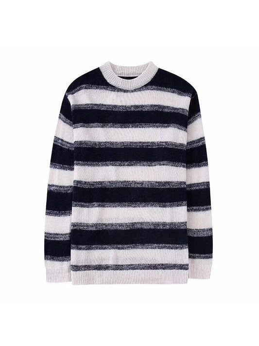 Women's Fall  New Casual Fashion Chic Alpaca and Wool Blend Striped Knit Retro Crew Neck Long Sleeve Loose Sweater Mujer