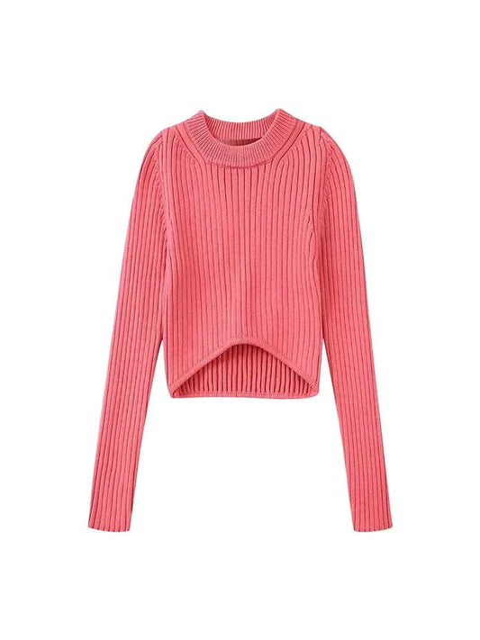 Women's Fall New Casual Fashion Chic Arc Hem Knit Sweater Retro Round Neck Long Sleeve Loose Solid Color Top Mujer