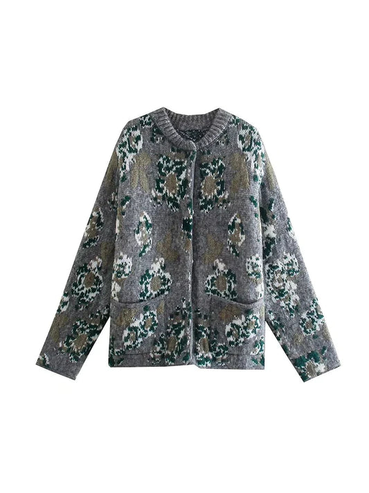 Women's Summer New Casual Fashion Chic Flower Jacquard Knit Jacket Vintage Round Neck Long Sleeve Single Breasted Sweater