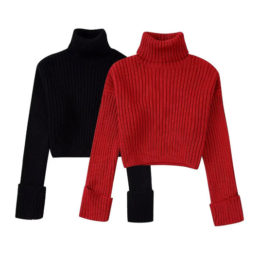 Women's new casual fashion chic ribbed sweater in autumn retro turtleneck long sleeve slim solid color short sweater